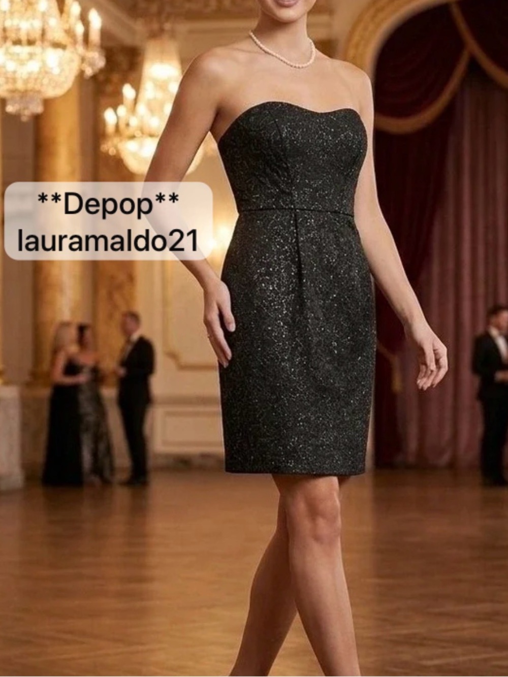 J.Crew black strapless tinsel lace cocktail dress.
